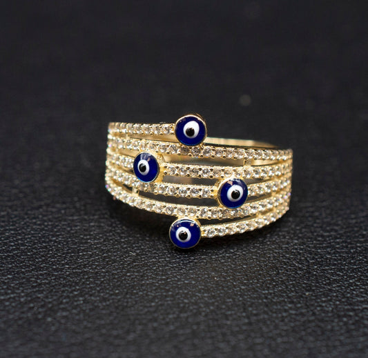 14k Real Solid Yellow Gold Multiple Evil Eye  Ring, 14k Solid Gold Women Dainty Ring, Evil Eye Gold Ring for Women,14k Evil Eye Gold Ring