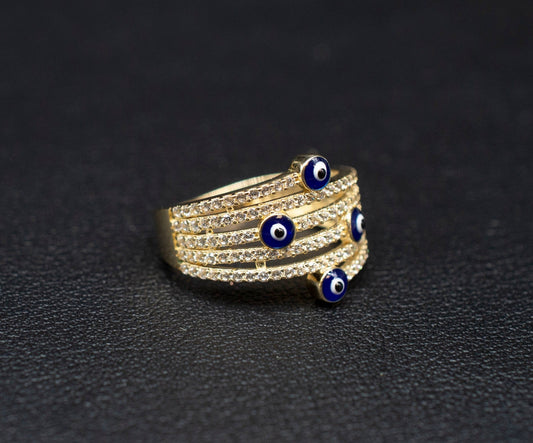 14k Real Solid Yellow Gold Multiple Evil Eye  Ring, 14k Solid Gold Women Dainty Ring, Evil Eye Gold Ring for Women,14k Evil Eye Gold Ring