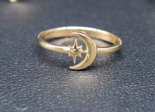 14k Real Solid Yellow Gold Moon and Star Ring, 14k Solid Gold Women Dainty Ring, Crescent Gemstone Gold Ring for Women, Gift,Moon Gold Ring