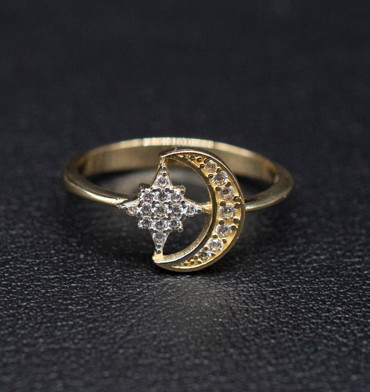 14k Real Solid Yellow Gold Moon and Star Ring, 14k Solid Gold Women Dainty Ring, Crescent Gemstone Gold Ring for Women, Gift,Moon Gold Ring