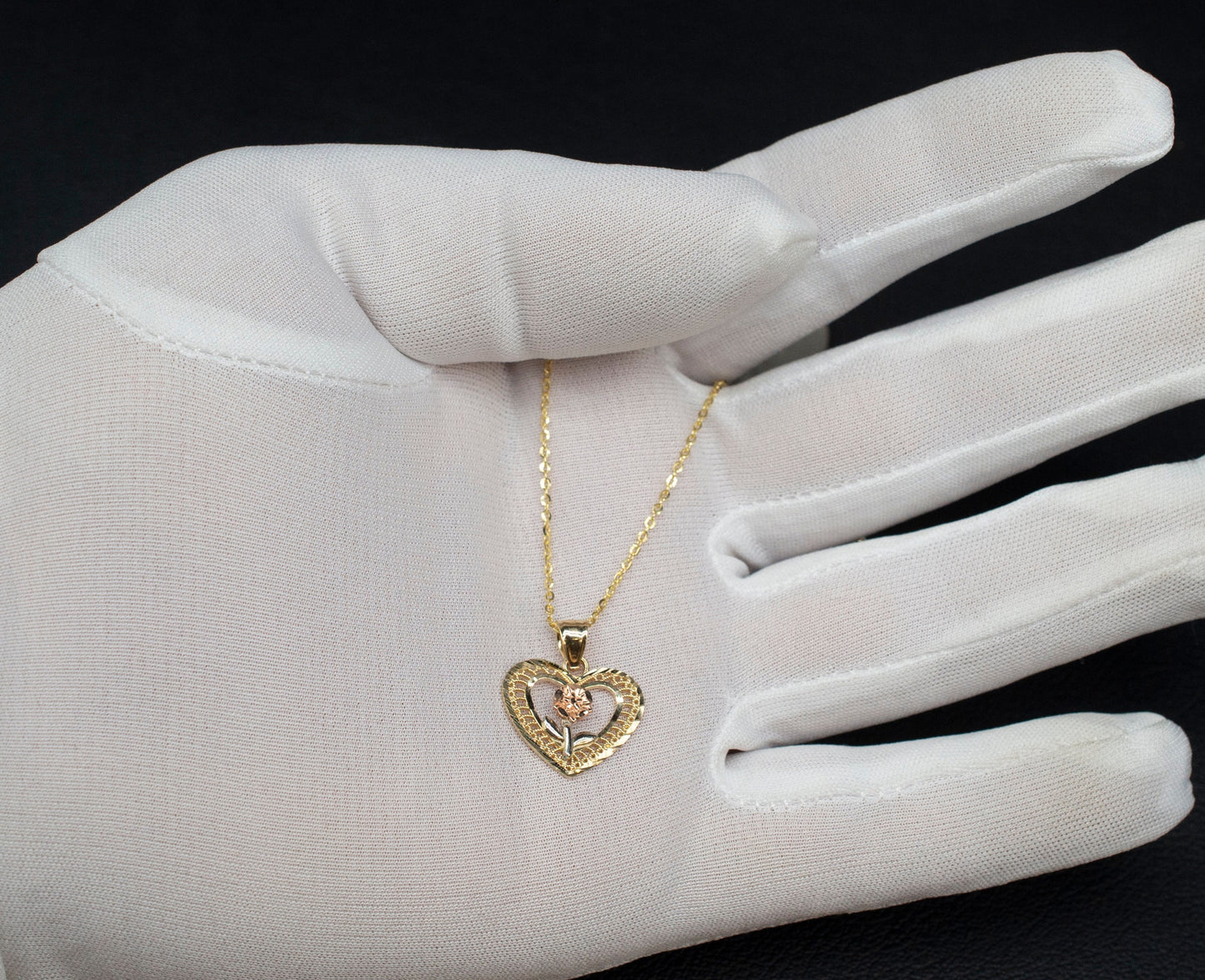 14k Real Gold Heart Rose Necklace,14K Real SOLID Gold Heart Charm, 14k Real Gold 1.3mm SOLID Cable  Chain Necklace, Gold Heart Pendant