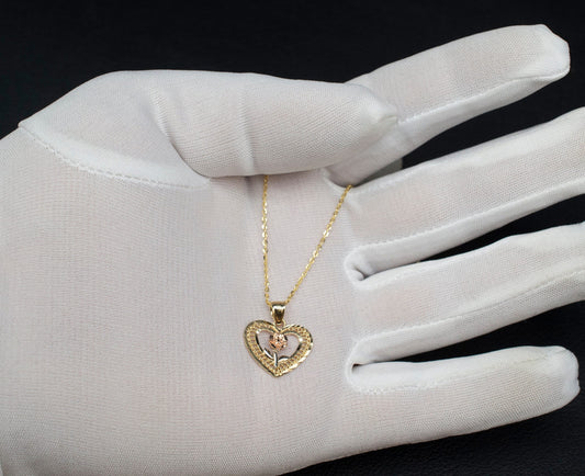 14k Real Gold Heart Rose Necklace,14K Real SOLID Gold Heart Charm, 14k Real Gold 1.3mm SOLID Cable Chain Necklace, Gold Heart Pendant