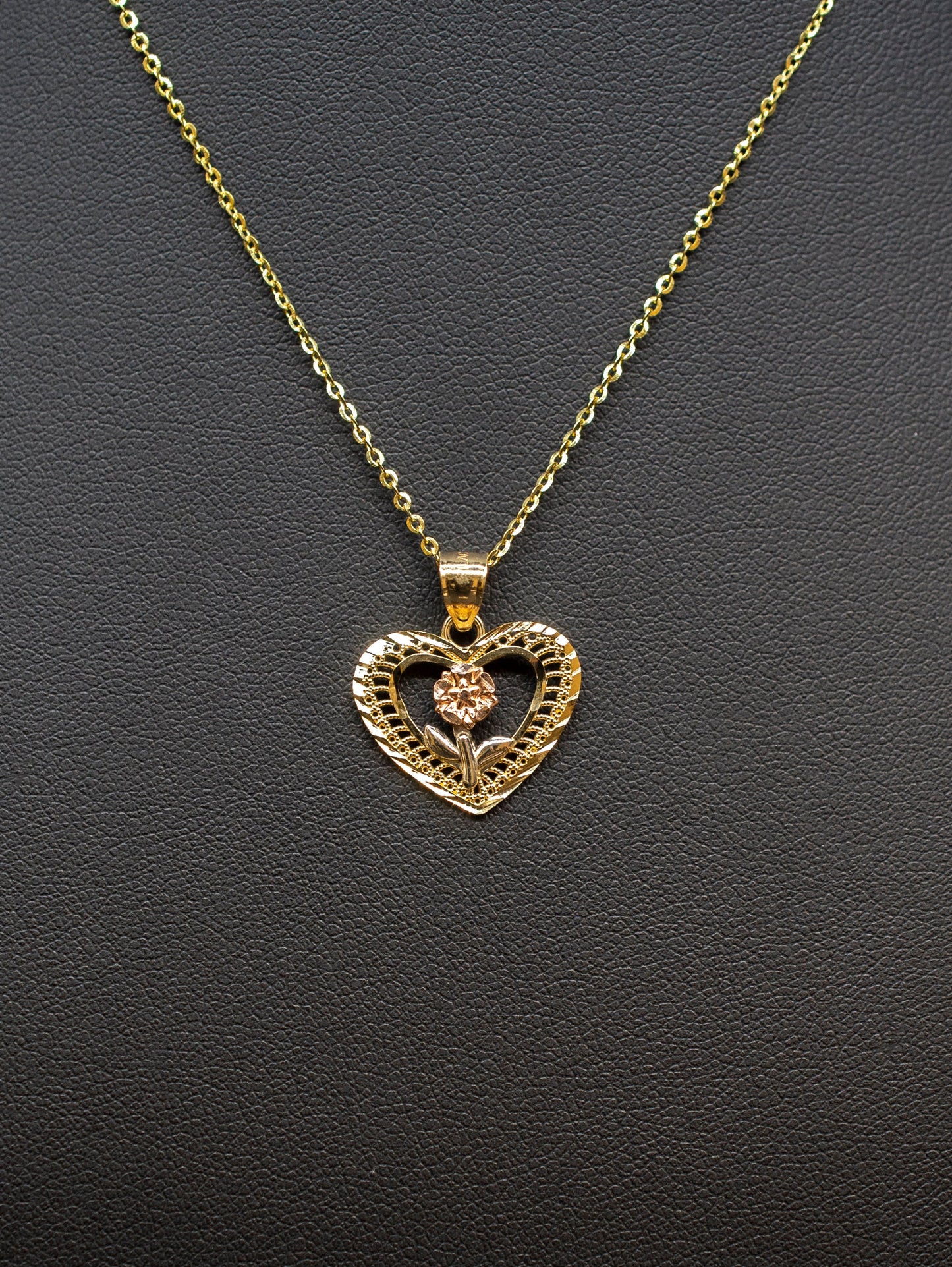 14k Real Gold Heart Rose Necklace,14K Real SOLID Gold Heart Charm, 14k Real Gold 1.3mm SOLID Cable  Chain Necklace, Gold Heart Pendant