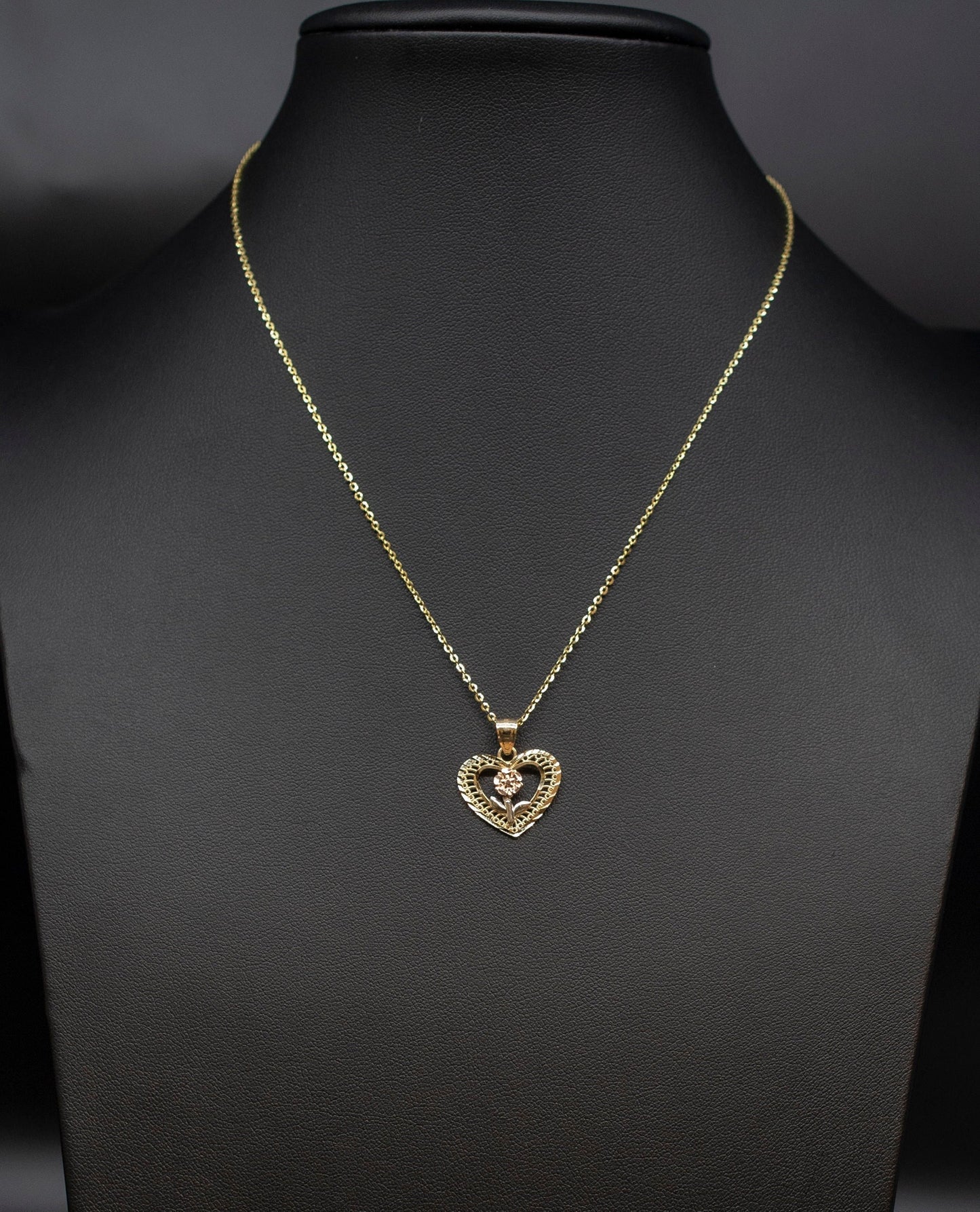 14k Real Gold Heart Rose Necklace,14K Real SOLID Gold Heart Charm, 14k Real Gold 1.3mm SOLID Cable  Chain Necklace, Gold Heart Pendant