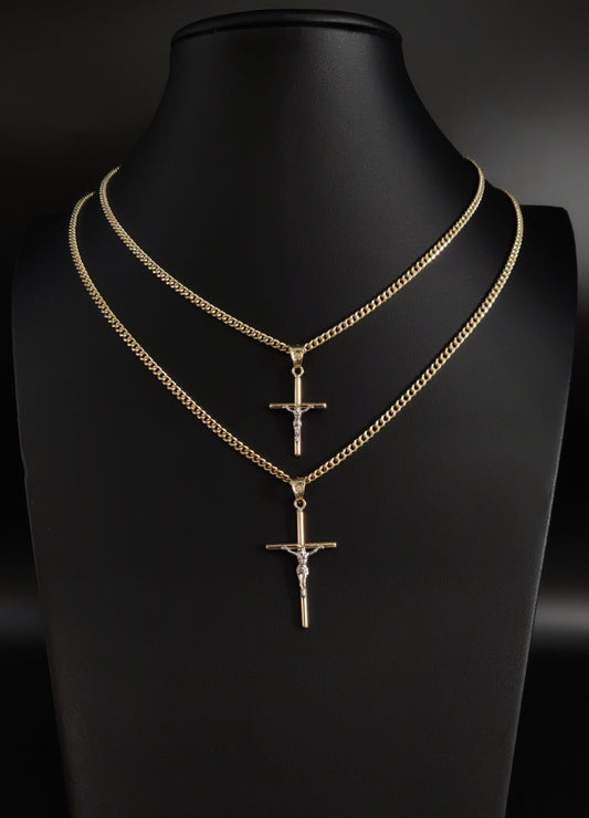 14k Real Solid Gold Jesus Crucifix Pendants Necklace, with 14k 3mm Miami Cuban Chain Necklace , Cross Pendant , 14K Gold Cross, Gift