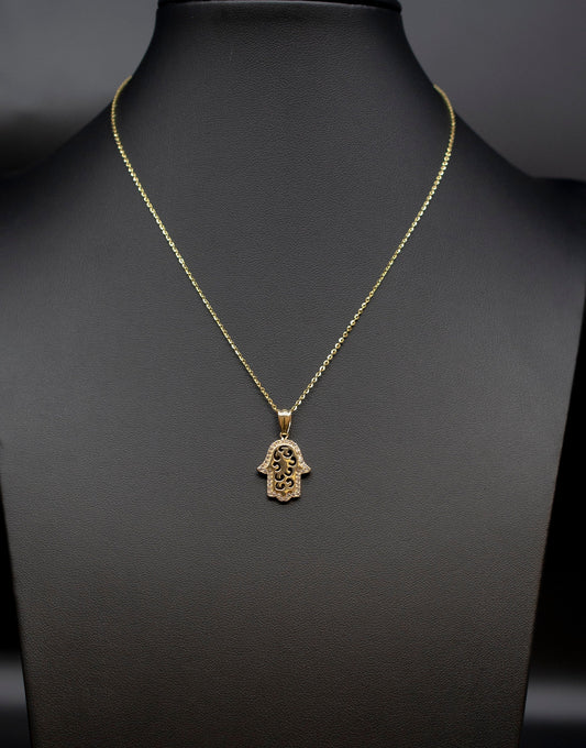 14k Real Gold Hamsa Hand Necklace,14K Real SOLID Gold Fatima Hand Charm, 14k Real Gold 1.3mm Cable Chain Necklace, Gold Hamsa Hand Pendant