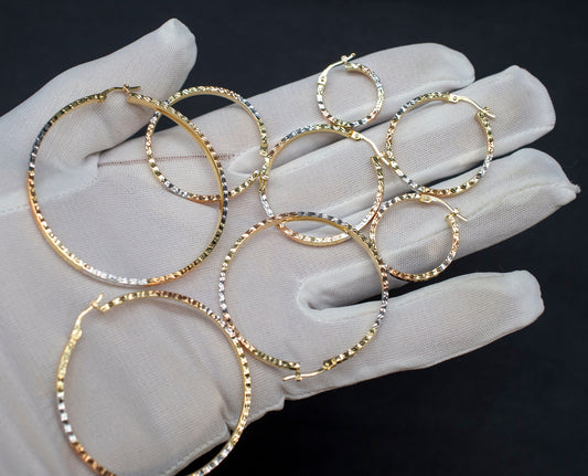 14k Real Solid  Gold Tricolor Hoop Earrings, Tricolor Hoop High Quality Earrings, Square Tube 18mm-53mm Gold Hoop Earrings,Women Earrings