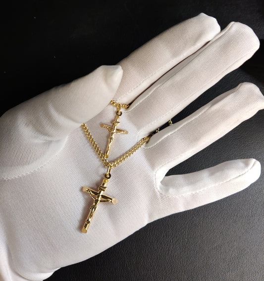 14k Real Gold Jesus Crucifix Pendants Necklace, with 3mm Miami Cuban Chain Necklace , Cross, Gold Inri Cross, Gift