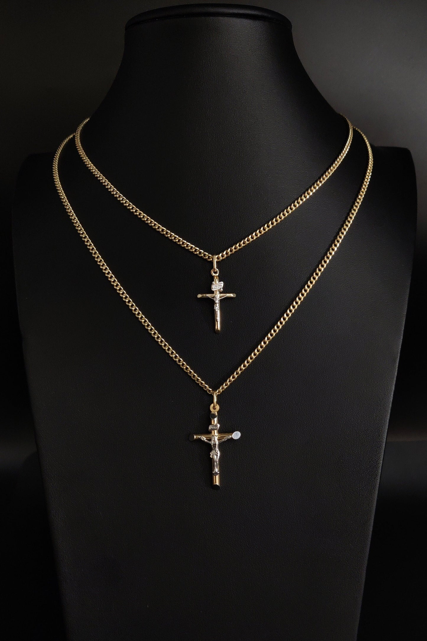 14k Real Gold Jesus Crucifix Pendants Necklace, with 3mm Miami Cuban Chain Necklace , Yellow and White Cross, Gold Inri Cross, Two Tone