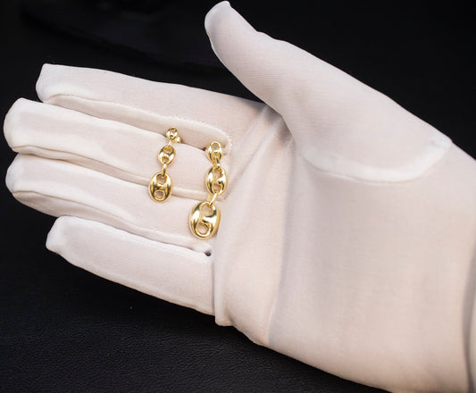 10K Real Gold Puffed Mariner Earrings, Dangle Gold Earrings, Yellow Gold Statement Earrings for Women, Real Gold Jewelry