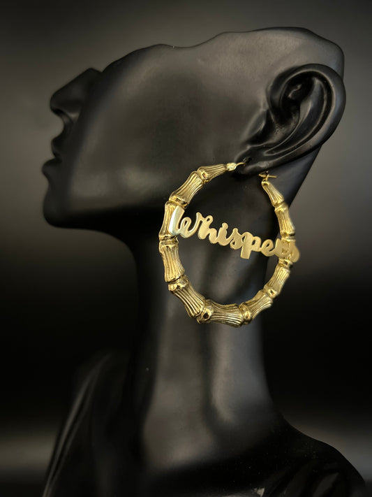 14k Real Solid Gold Custom Round Bamboo Hoop Earrings,Name  Bamboo Earring, Personalized  and Customize Bamboo 35mm-78mm Gold Hoop Earrings