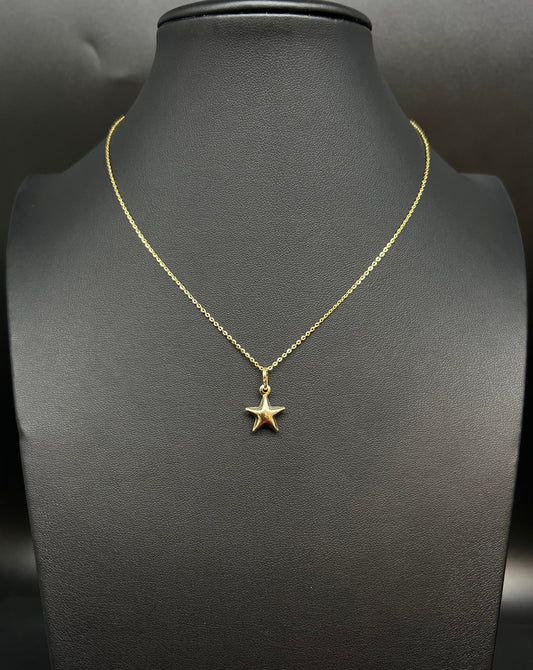 14K Real SOLID Gold Puffed STAR Charm, 14k Real Gold 1 mm Cable Chain Necklace,14k Gold 3D Star Pendant,14k Real Gold Pendants Necklace