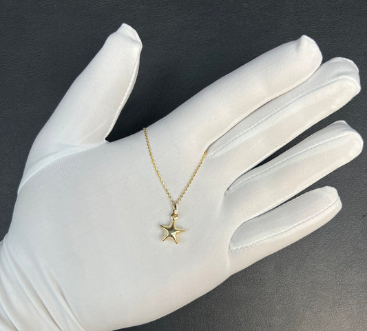 14K Real SOLID Gold Puffed STAR Charm, 14k Real Gold 1 mm Cable Chain Necklace,14k Gold 3D Star Pendant,14k Real Gold Pendants Necklace