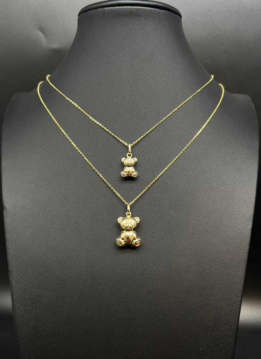 14K Real SOLID Gold Puffed Teddy Bear, 14k Real Gold 1.3mm Cable Chain Necklace,14k Gold Puffed Teddy Bear, 14k Real Gold Pendants Necklace