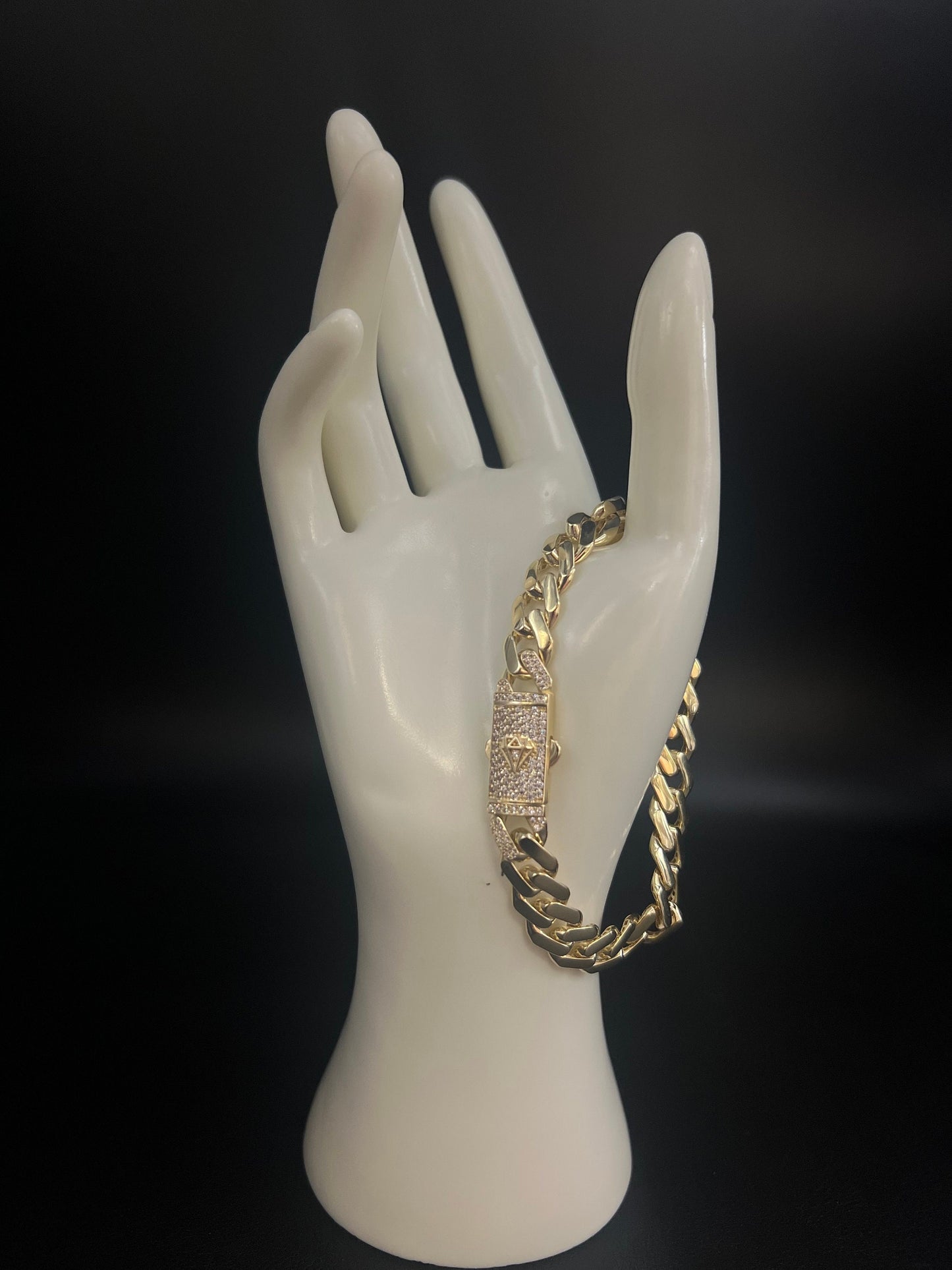 14k Yellow Gold Miami Cuban Chain Bracelet Zirconia Box Lock, 7mm - 15mm Real 14K Yellow Gold,,14k Gold Bracelet, 14k gold Miami cuban