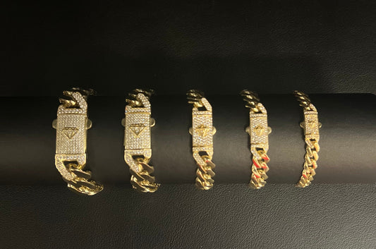 14k Yellow Gold Miami Cuban Chain Bracelet Zirconia Box Lock, 7mm - 15mm Real 14K Yellow Gold,,14k Gold Bracelet, 14k gold Miami cuban