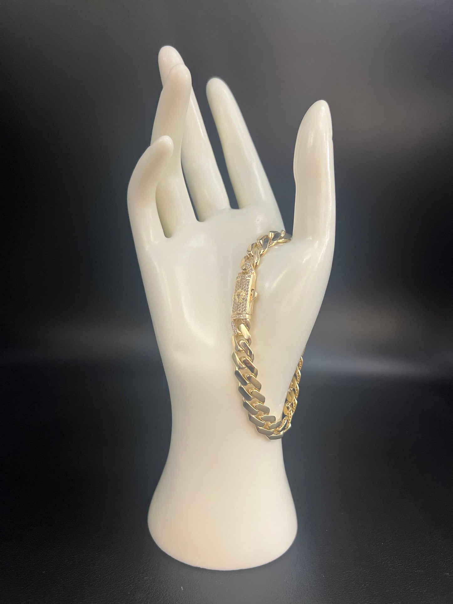 14k Yellow Gold Miami Cuban Chain Bracelet Zirconia Box Lock, 7mm - 15mm Real 14K Yellow Gold,,14k Gold Bracelet, 14k gold Miami cuban