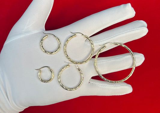 10k Real Yellow Gold Diamond Cut  Hoop Earrings, 3mm  Thickness, Shinny Gold Hoop Earrings,Mother's Day Gift