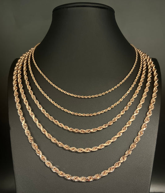 10K Rose Gold Rope Chain, 10k Real Rose Gold 2.6mm - 5.5mm Rope Chain Necklace, 10K Gold Rope Chain, 10K Gold Chain,  Men and Women Gold