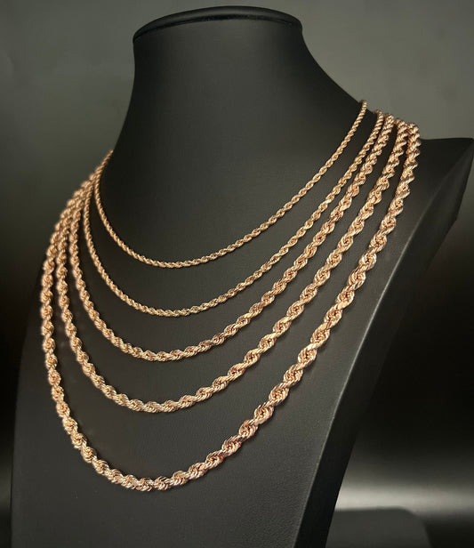 10K Rose Gold Rope Chain, 10k Real Rose Gold 2.6mm - 5.5mm Rope Chain Necklace, 10K Gold Rope Chain, 10K Gold Chain,  Men and Women Gold
