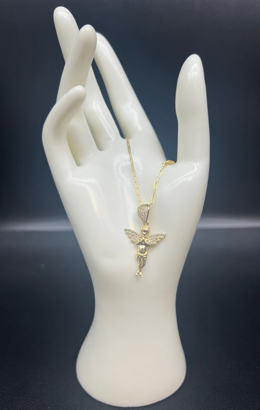 14K Solid Gold Angel Necklace, Angel Pendant with Paperclip Chain, Real Gold Angel Charm Necklace, Religious Jewelry for Women