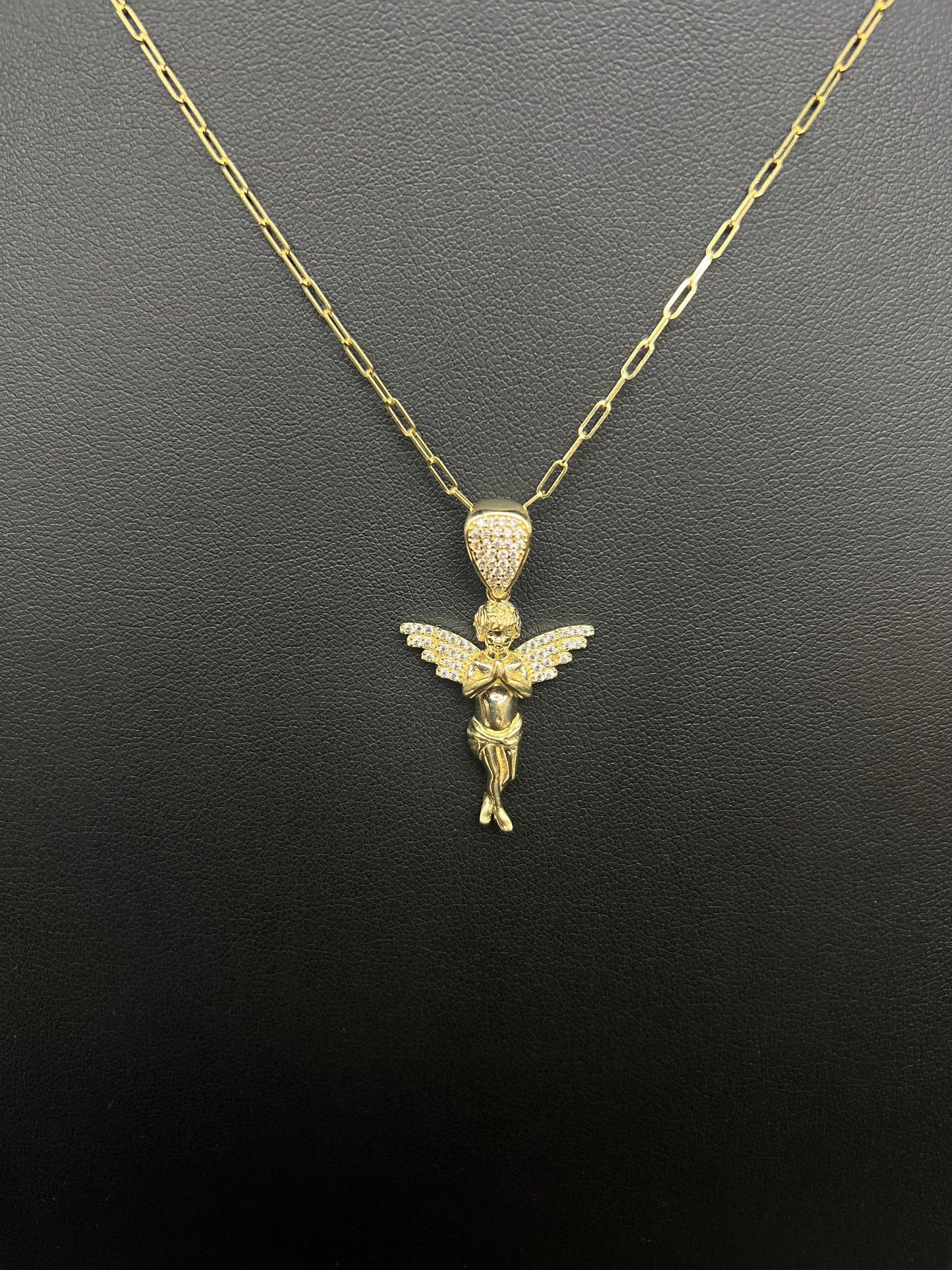 14K Solid Gold Angel Necklace, Angel Pendant with Paperclip Chain, Real Gold Angel Charm Necklace, Religious Jewelry for Women