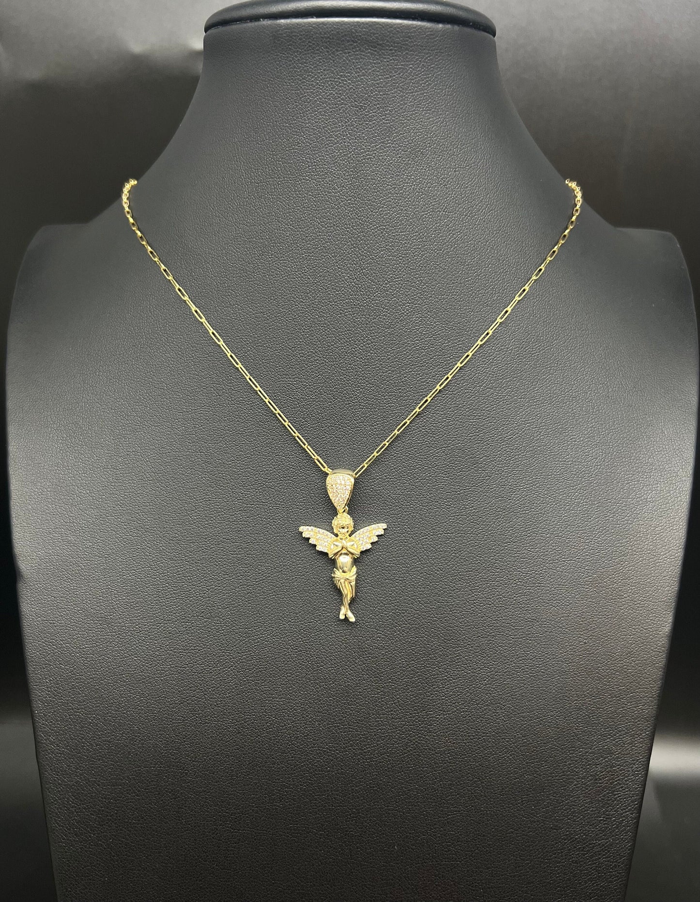 14k Real Gold Angel Pendants Necklace, with 14k Solid Gold 1.5mm Paperclips Chain Necklace , Angel Charm, 14k Solid Gold Angel Charm