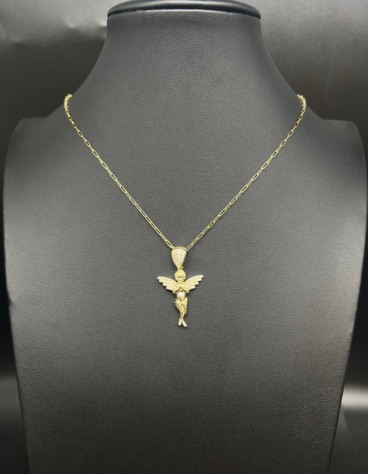 14K Solid Gold Angel Necklace, Angel Pendant with Paperclip Chain, Real Gold Angel Charm Necklace, Religious Jewelry for Women
