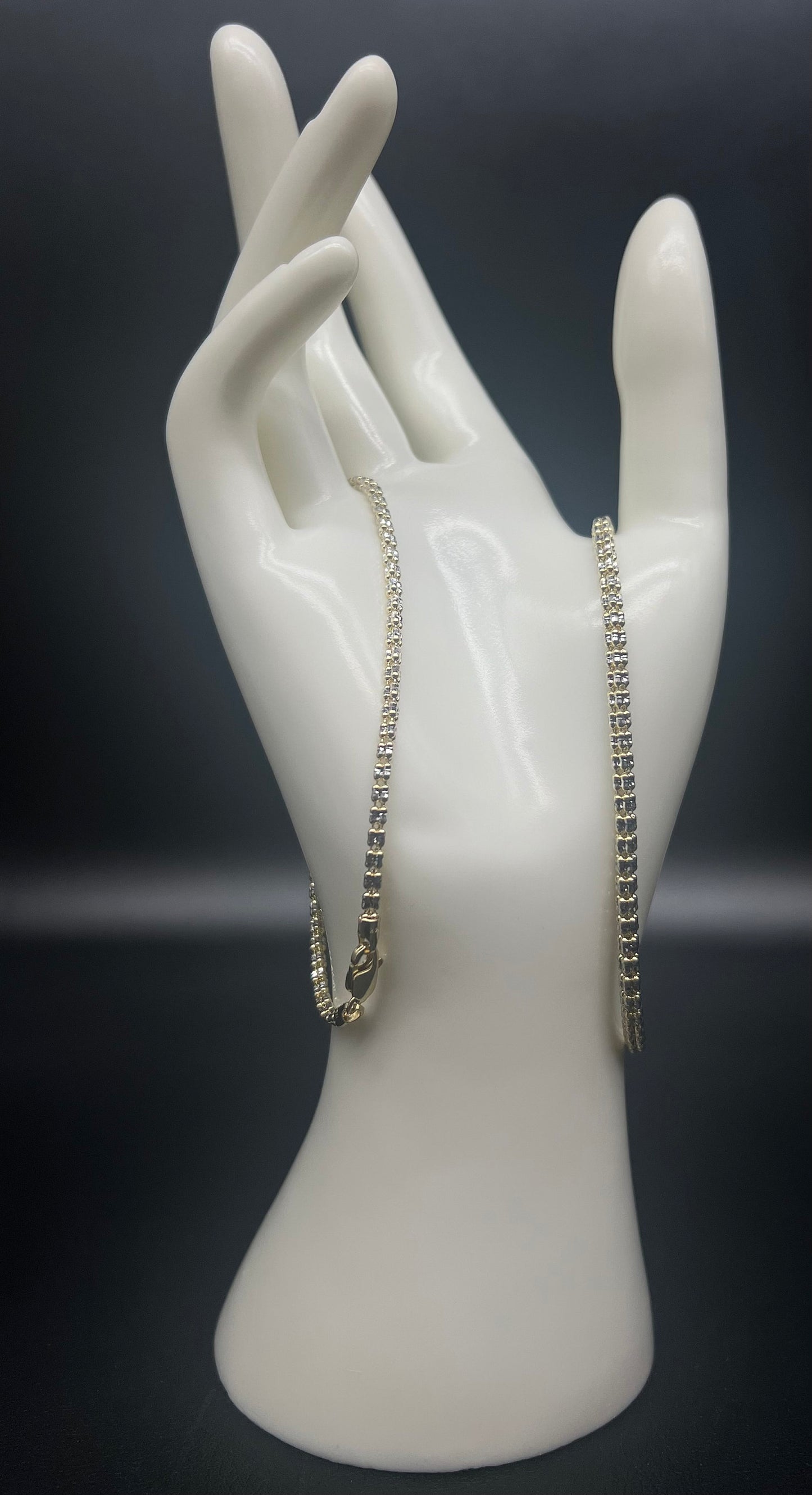 14k Real Gold Diamond Cut Ice Link Chain Bracelet, Two Tone Chain 2.5mm Yellow and White Gold Chain, 14k Real Gold Cylinder Chain