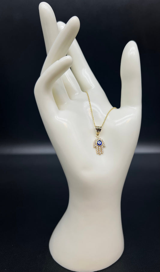 14k Real Gold Evil Eye Pendants Necklace, with 14k Solid Gold 1mm Cable Chain, Evil Eye Hamsa Hand Charm,Fatima Hand Pendant, Evil Eyes