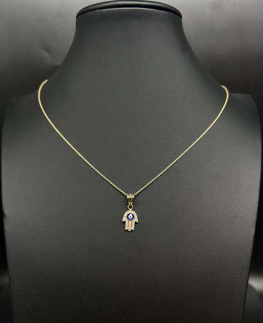 14k Real Gold Evil Eye Pendants Necklace, with 14k Solid Gold 1mm Cable Chain, Evil Eye Hamsa Hand Charm,Fatima Hand Pendant, Evil Eyes