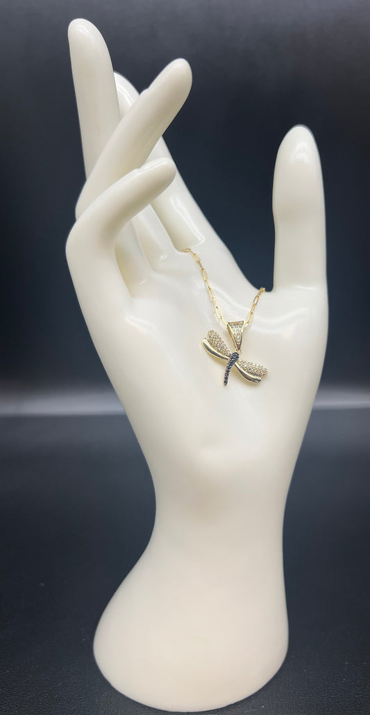 14K Solid Gold Dragonfly Necklace, Dragonfly Charm Necklace, Paperclip Chain Necklace, Real Gold Pendant Necklace for Women