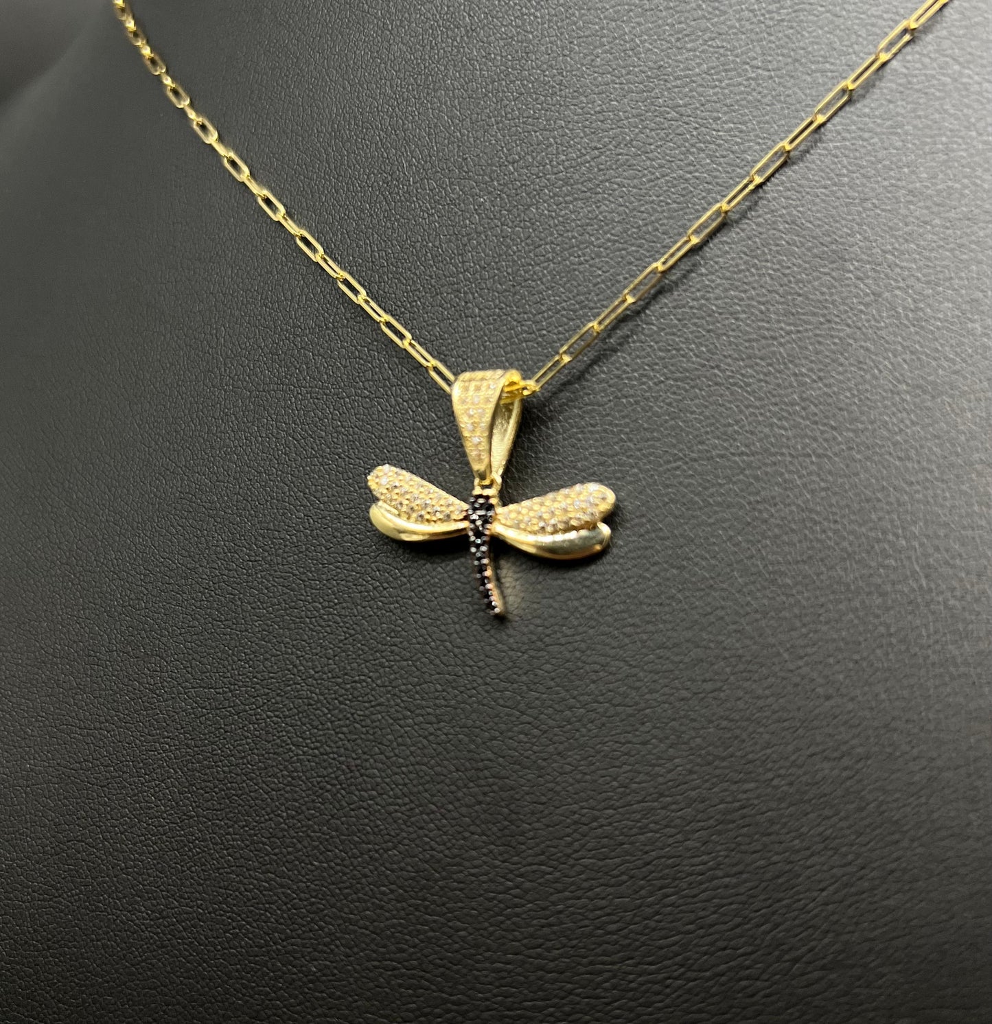14K Solid Gold Dragonfly Necklace, Dragonfly Charm Necklace, Paperclip Chain Necklace, Real Gold Pendant Necklace for Women