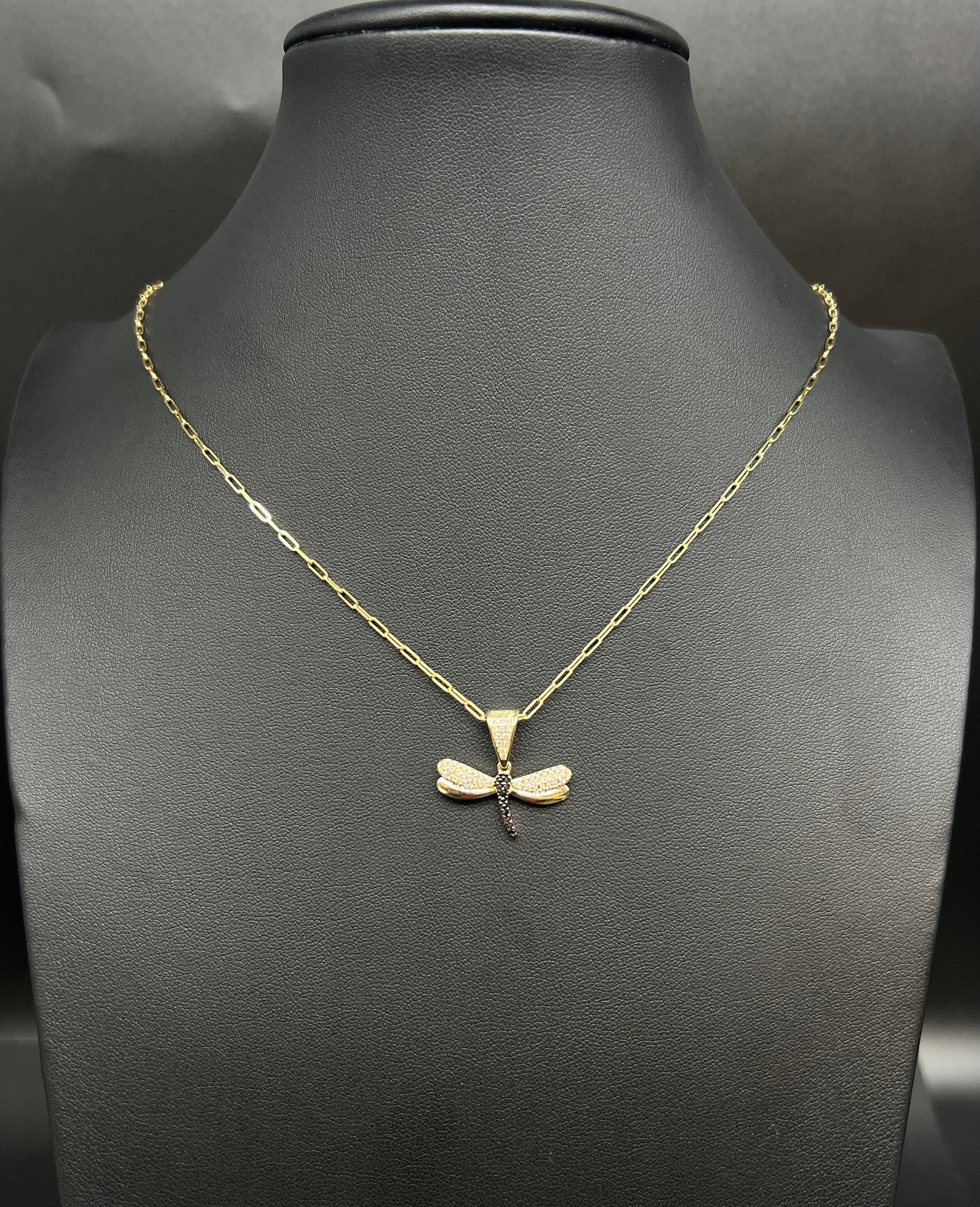 14K Solid Gold Dragonfly Necklace, Dragonfly Charm Necklace, Paperclip Chain Necklace, Real Gold Pendant Necklace for Women