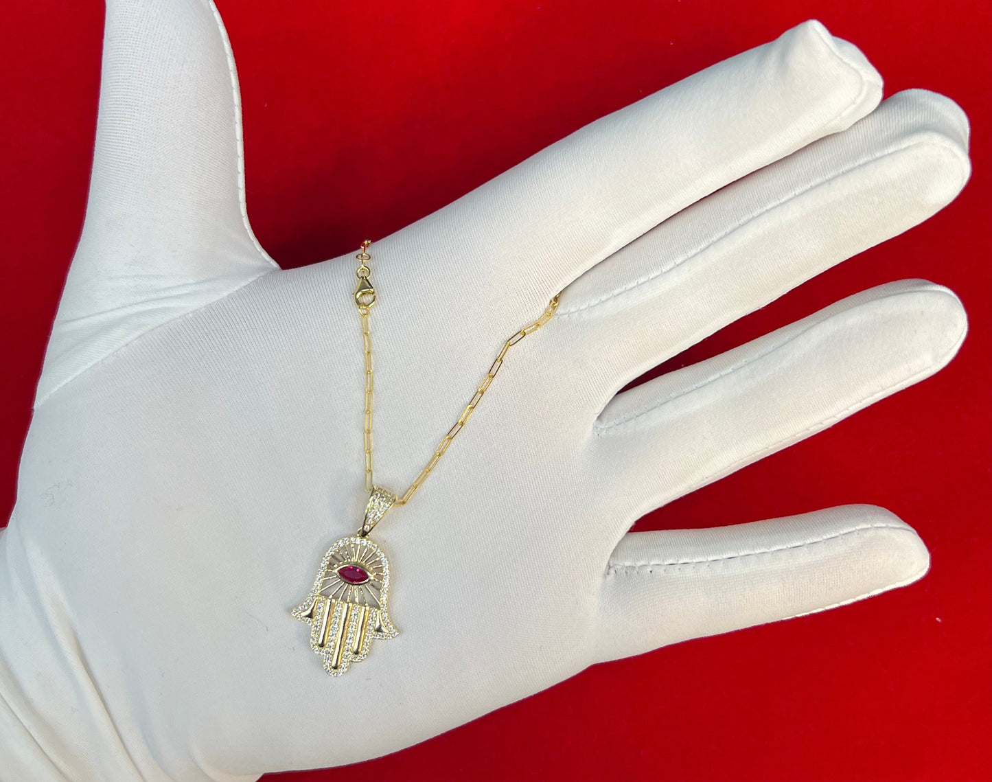 14k Real Gold Hamsa Hand Pendants Necklace, with 14k Solid Gold 1.5mm Paperclips Chain Necklace , Fatima Hand Charm, 14k Solid Gold Charm