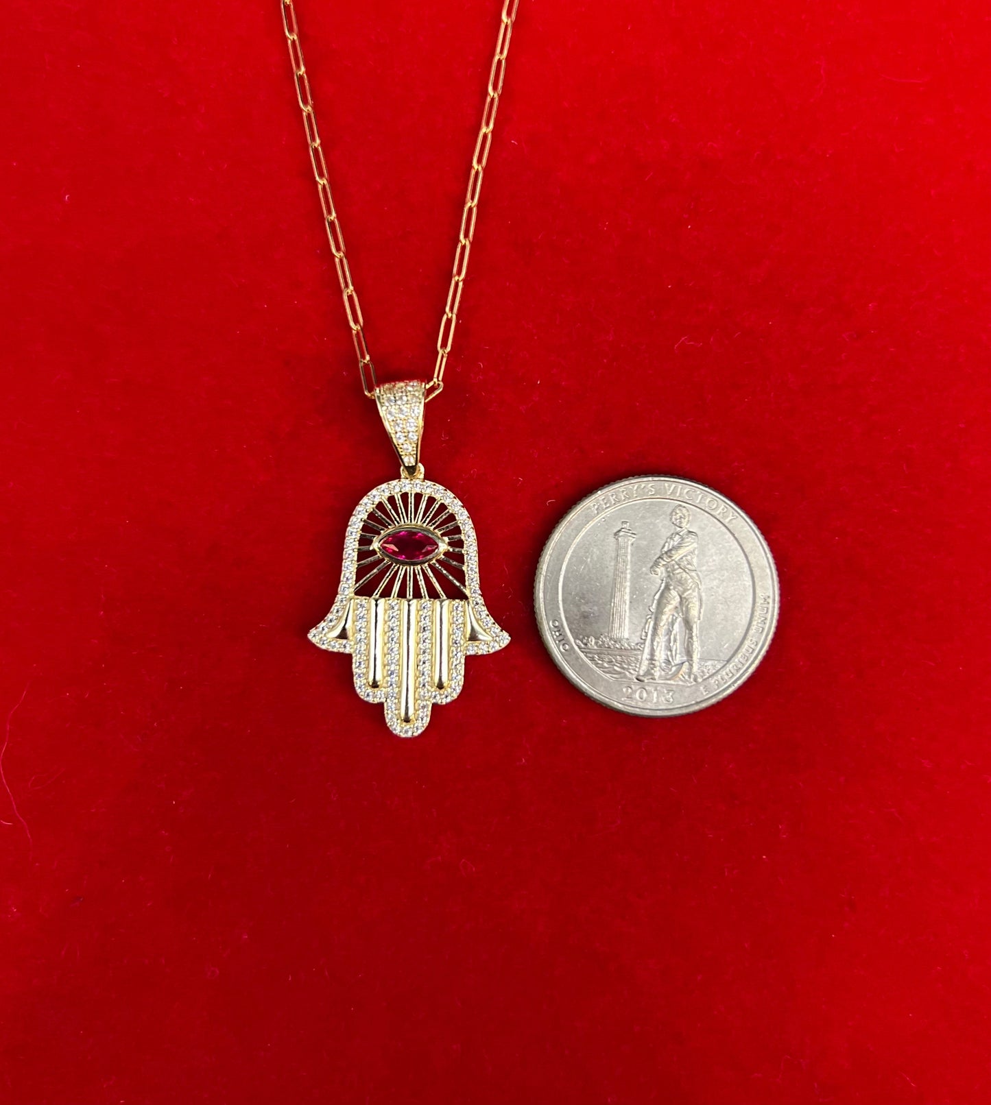 14k Real Gold Hamsa Hand Pendants Necklace, with 14k Solid Gold 1.5mm Paperclips Chain Necklace , Fatima Hand Charm, 14k Solid Gold Charm