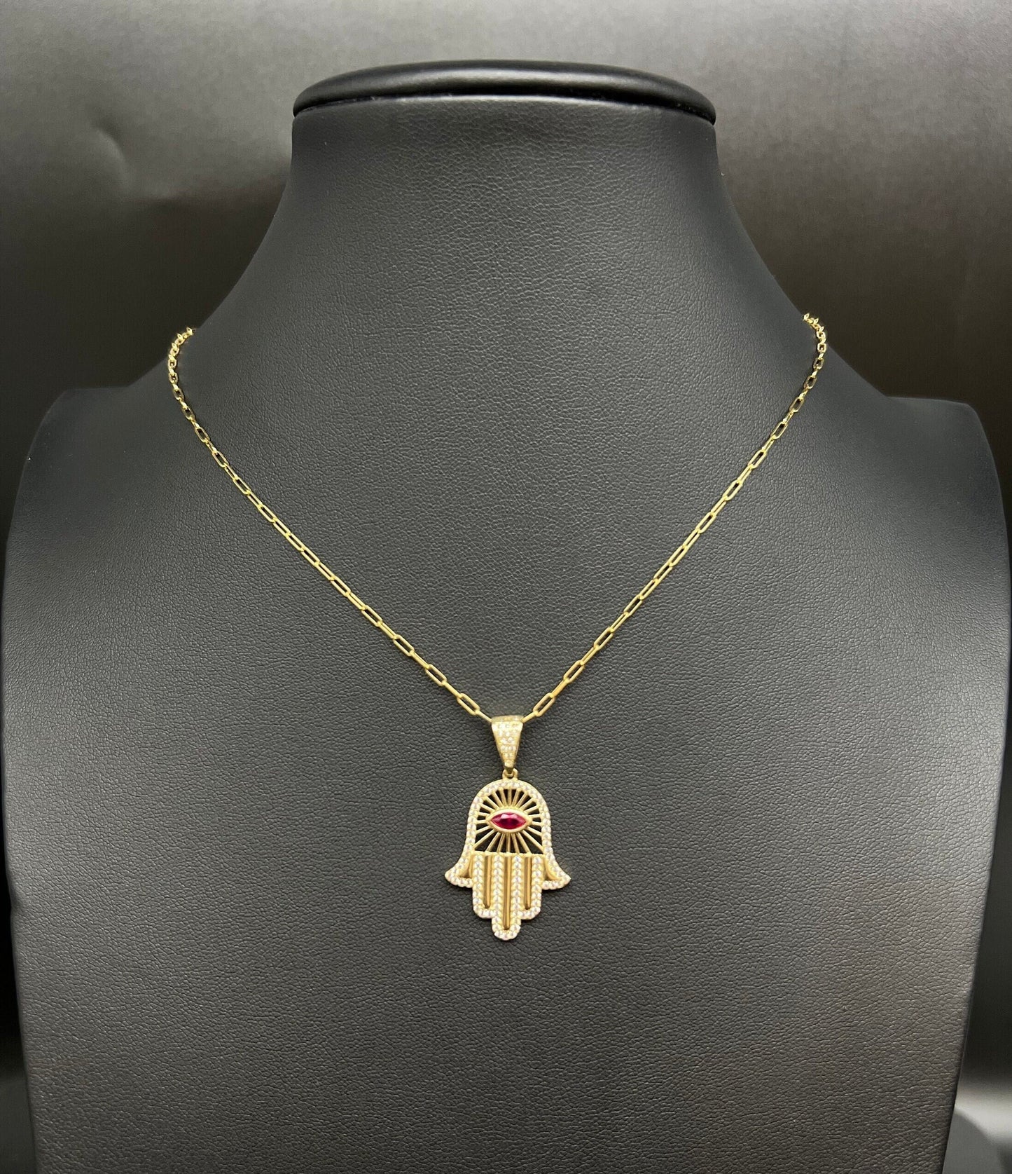 14k Real Gold Hamsa Hand Pendants Necklace, with 14k Solid Gold 1.5mm Paperclips Chain Necklace , Fatima Hand Charm, 14k Solid Gold Charm