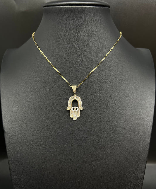 14k Real Gold Hamsa Hand Pendants Necklace, with 14k Solid Gold 1.5mm Paperclips Chain Necklace , Fatima Hand Charm, 14k Solid Gold Charm