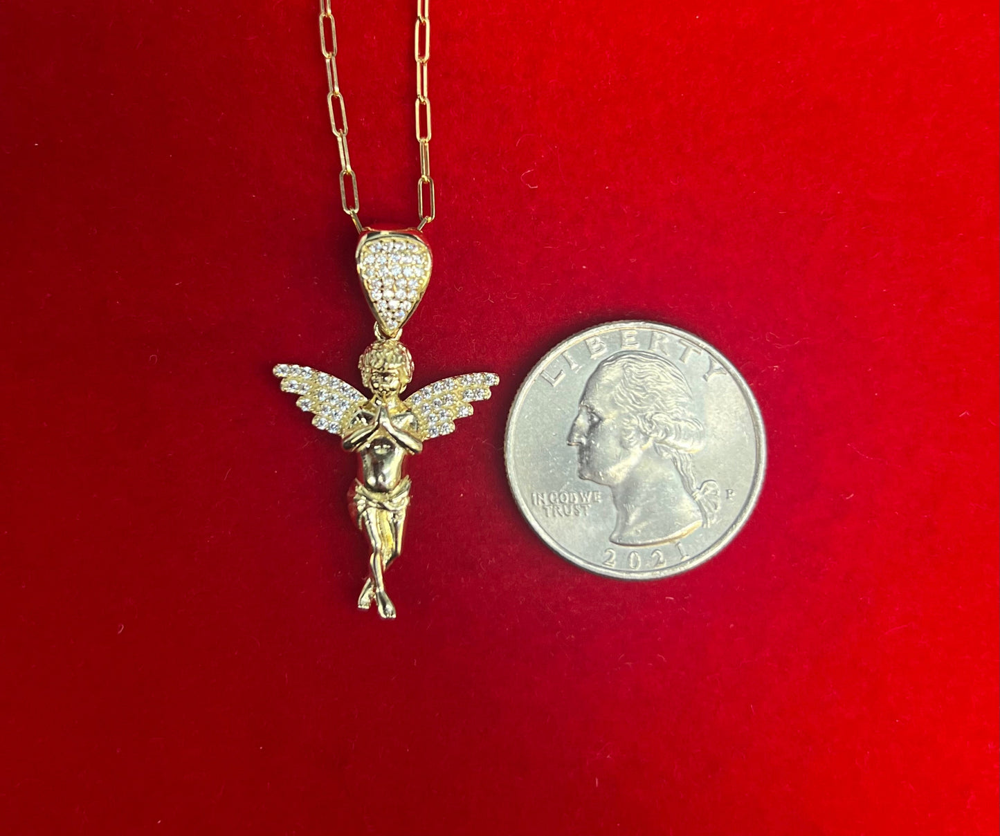 14K Solid Gold Angel Necklace, Angel Pendant with Paperclip Chain, Real Gold Angel Charm Necklace, Religious Jewelry for Women