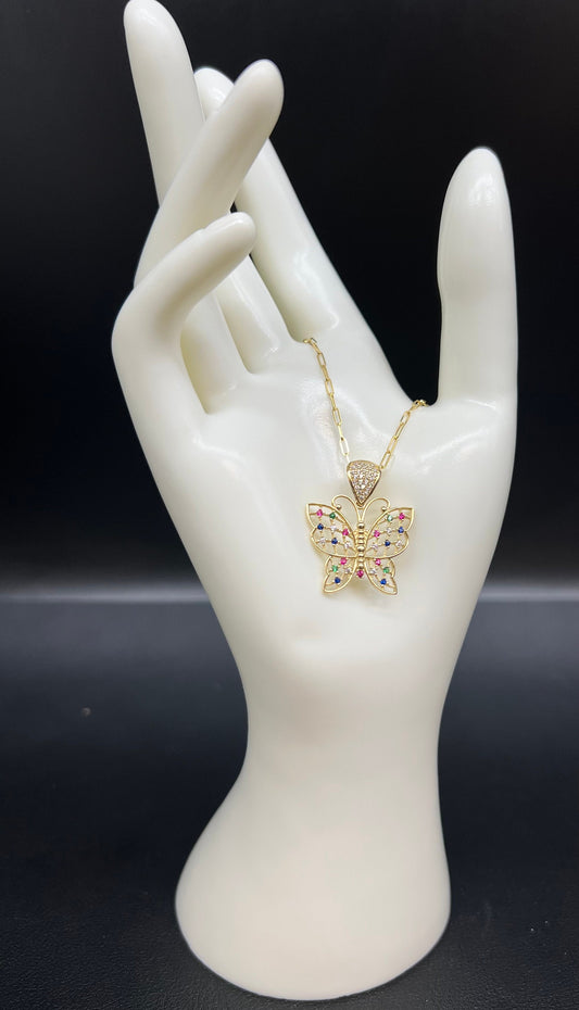 14K Solid Gold Butterfly Necklace, Real Gold Butterfly Pendant, Paperclip Chain Necklace, Zirconia Butterfly Charm Jewelry for Women