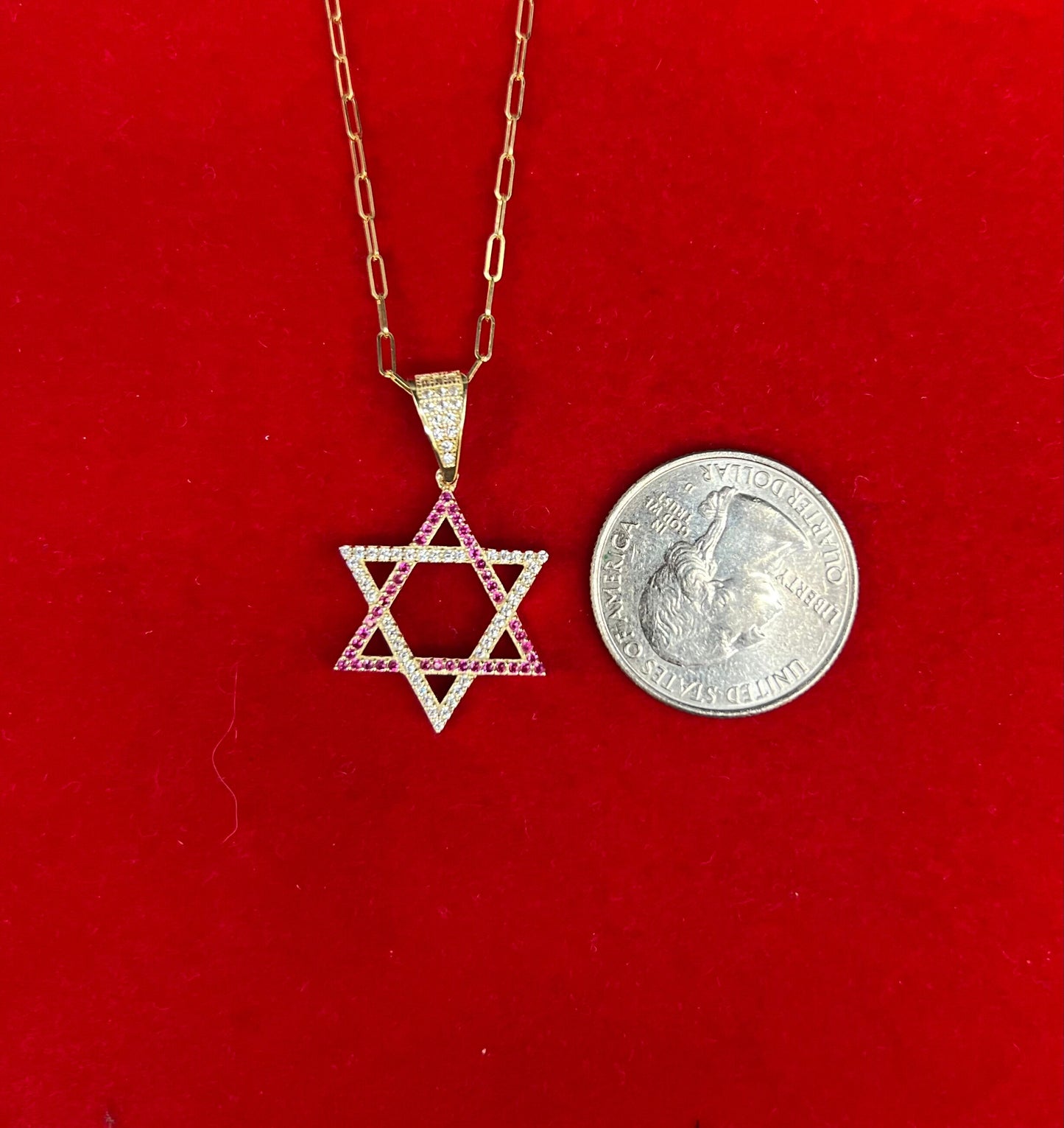 14k Real Gold Star of David Necklace, with 14k Solid Gold 1.5mm Paperclips Chain Necklace , Jewish Star Charm, 14k Solid Gold Star Charm