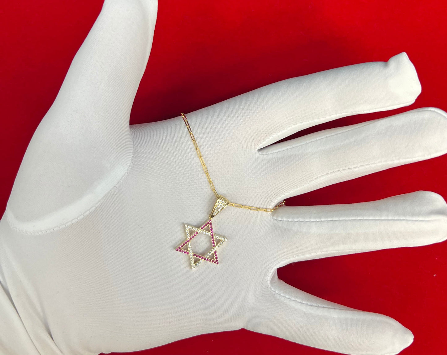 14k Real Gold Star of David Necklace, with 14k Solid Gold 1.5mm Paperclips Chain Necklace , Jewish Star Charm, 14k Solid Gold Star Charm