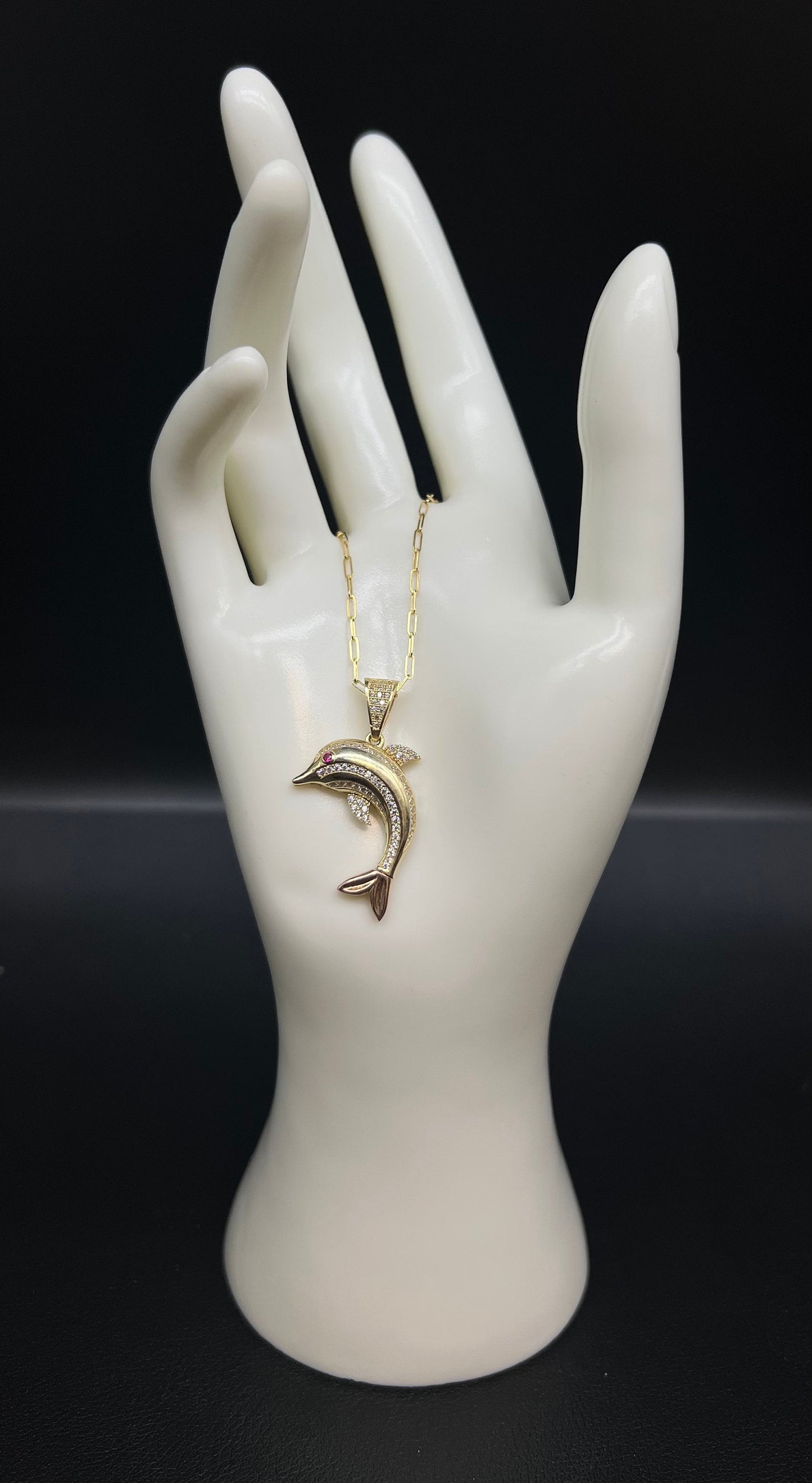 14k Real Gold Dolphin Pendants Necklace, with 14k Solid Gold 1.5mm Paperclips Chain Necklace , Dolphin Charm, 14k Solid Gold Dolphin Charm