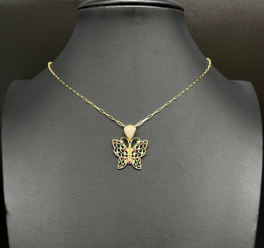 14K Solid Gold Butterfly Necklace, Real Gold Butterfly Pendant, Paperclip Chain Necklace, Zirconia Butterfly Charm Jewelry for Women