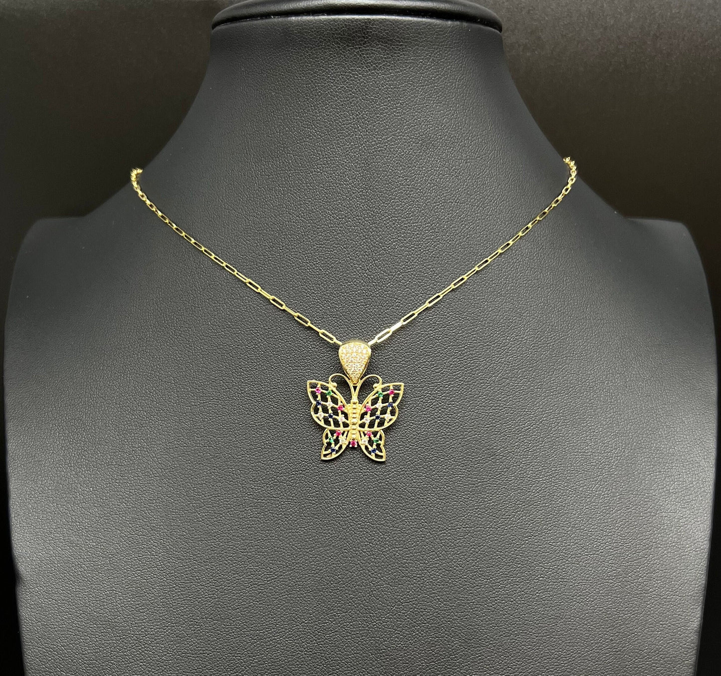 14K Solid Gold Butterfly Necklace, Real Gold Butterfly Pendant, Paperclip Chain Necklace, Zirconia Butterfly Charm Jewelry for Women