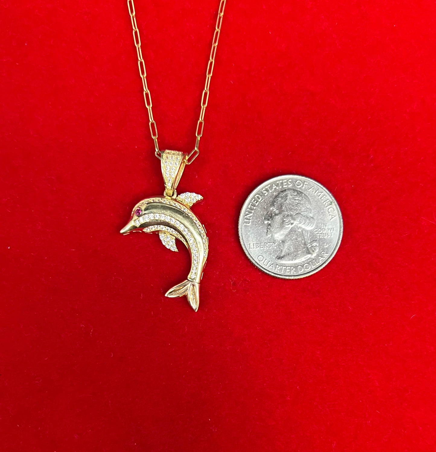 14k Real Gold Dolphin Pendants Necklace, with 14k Solid Gold 1.5mm Paperclips Chain Necklace , Dolphin Charm, 14k Solid Gold Dolphin Charm