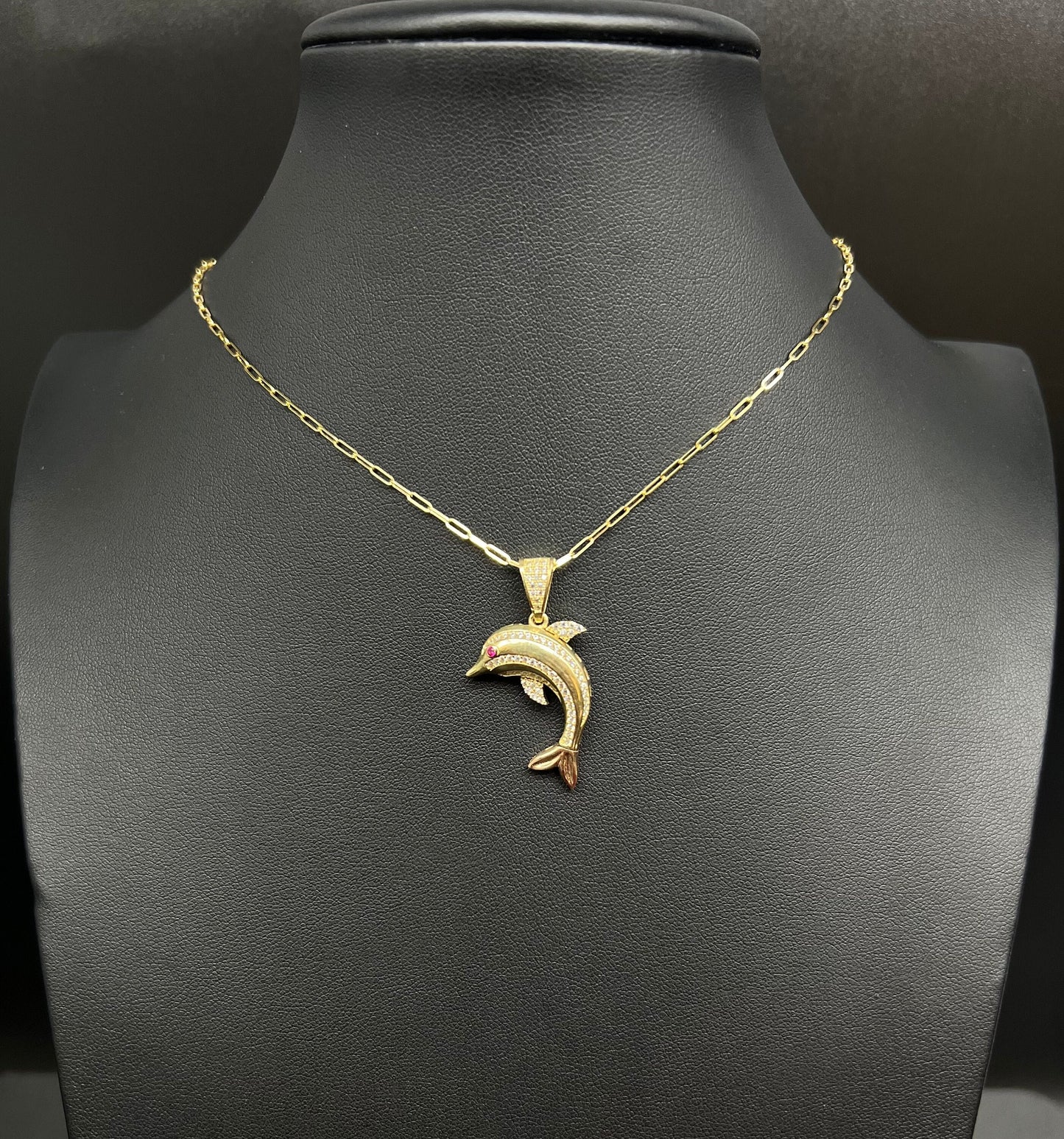 14k Real Gold Dolphin Pendants Necklace, with 14k Solid Gold 1.5mm Paperclips Chain Necklace , Dolphin Charm, 14k Solid Gold Dolphin Charm