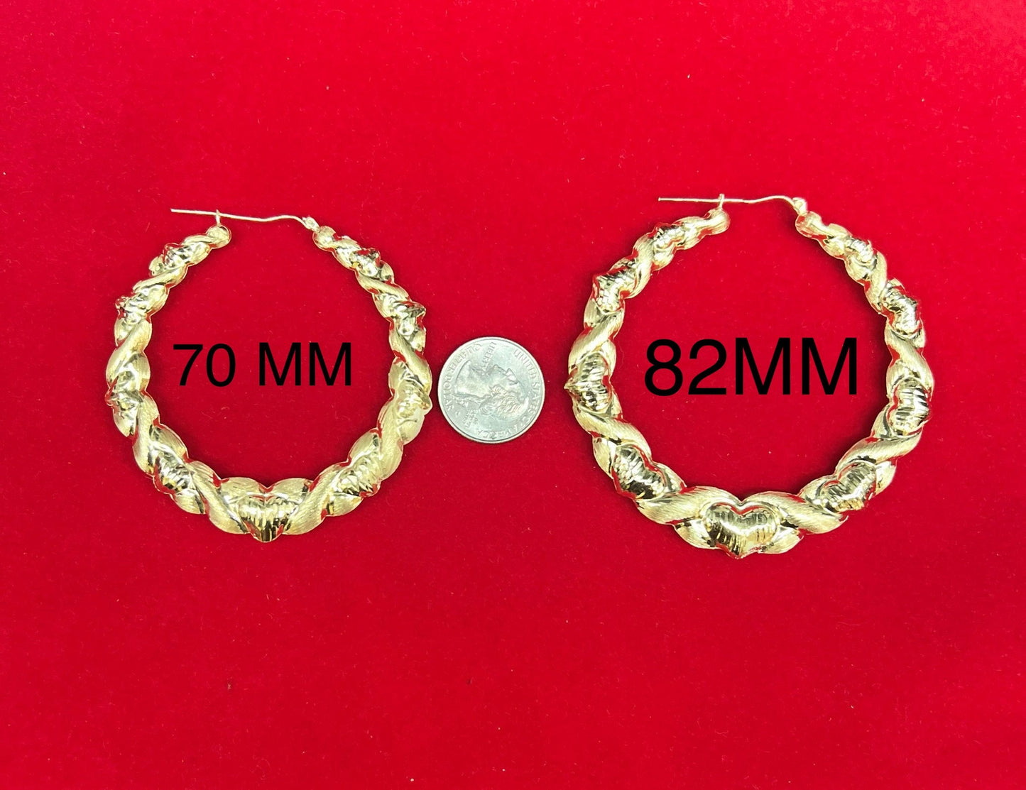 10k Real Solid Yellow Gold Textured Heart Hoop Earrings,High Quality,25mm-82mm Gold Hoop Earrings,Women Earrings
