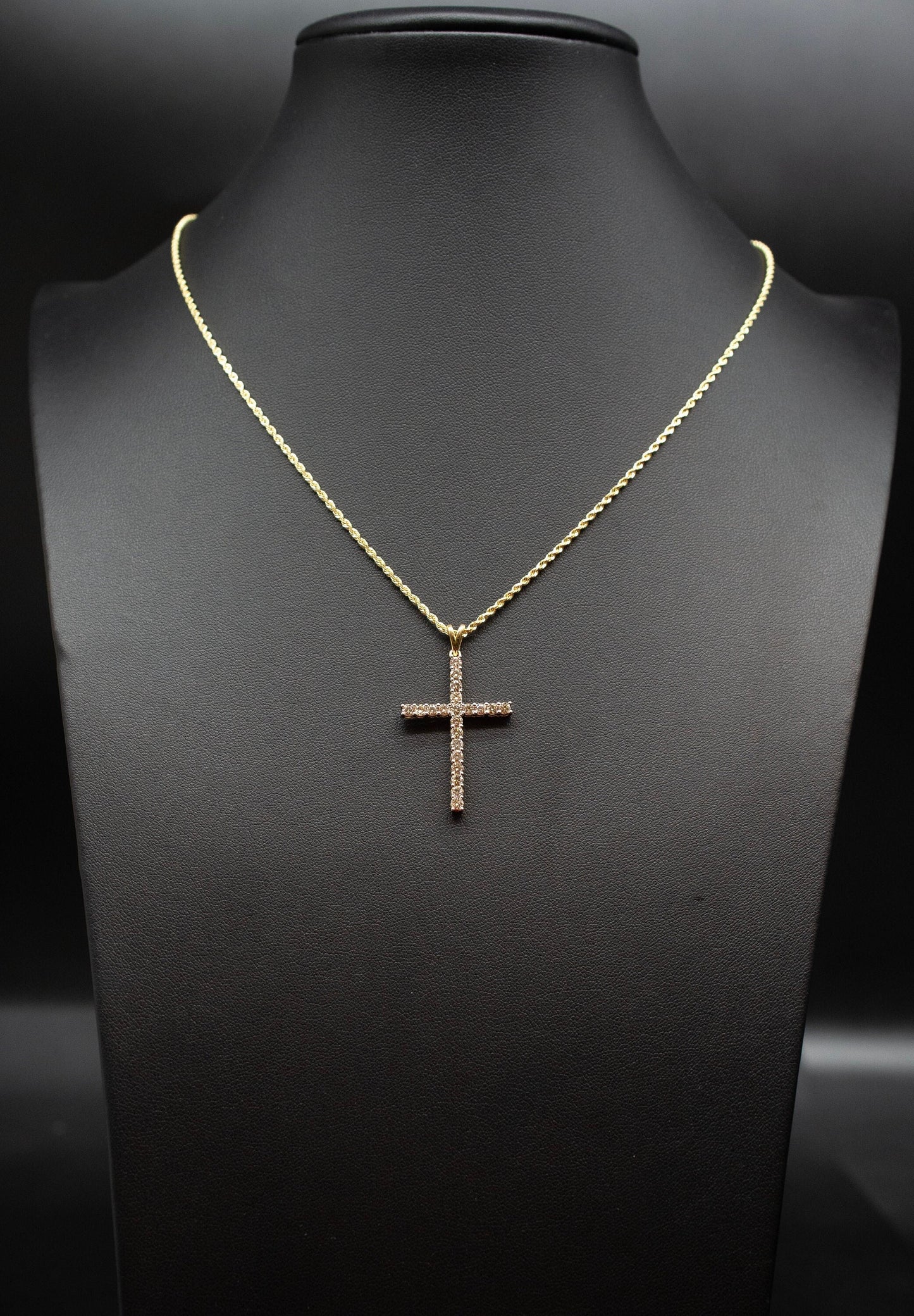10k Solid Gold Real Diamond Cross Pendant, 10K Solid Gold 1 Carat Natural Diamond Necklace with 10K Solid Gold 2mm Rope Chain