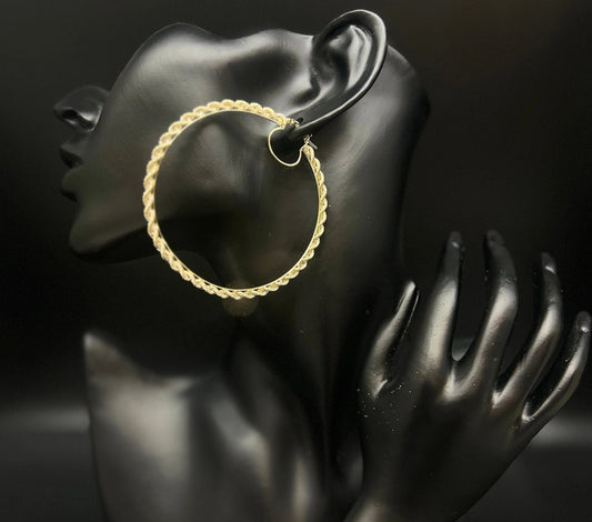 10k Real Yellow Gold Rope Chain Hoop Earrings, 3mm Rope Chain Hoop Earring, Shinny Gold 10k Hoop Earrings, 10k Diamond Cut Twisted Earring